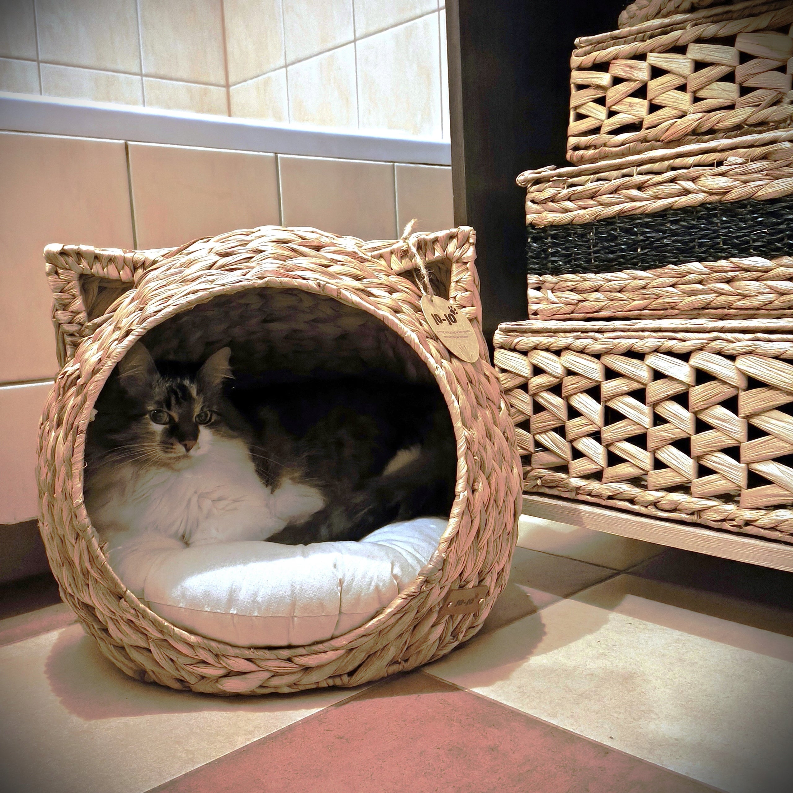 Cat bed basket braided 43x39x40 cm water hyacinth with bedding Mounting location freestanding