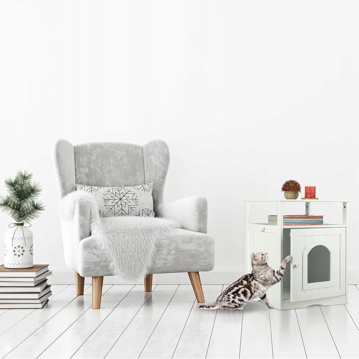 Cat cabinet for litter box bed house furniture built-in litter box white MDF Length 53 cm