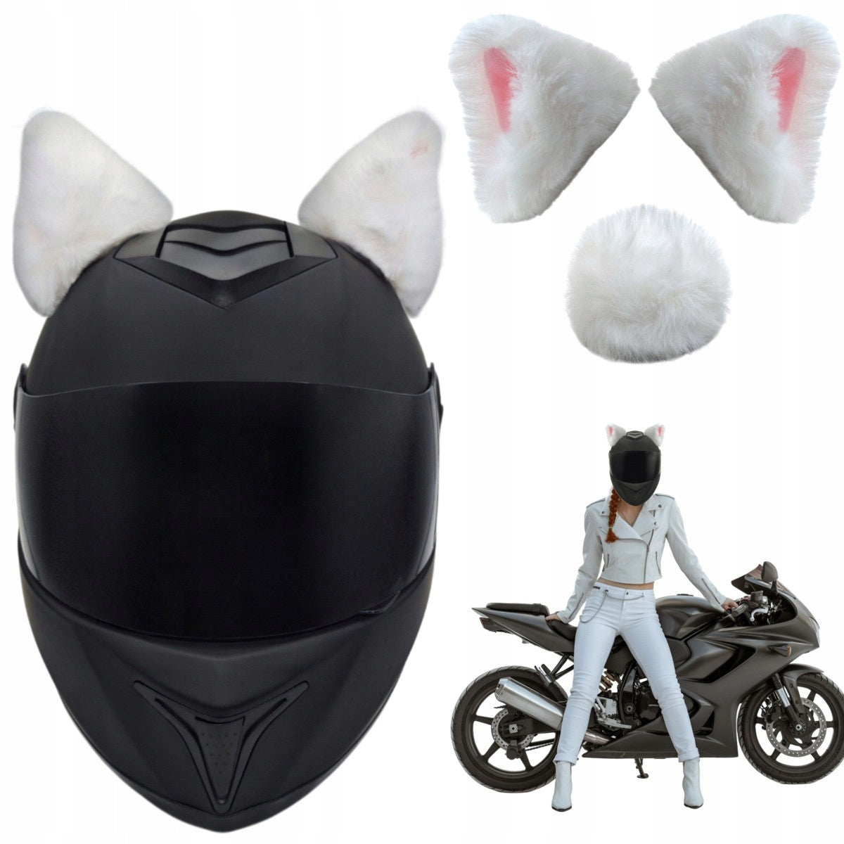 Cat ears + tail for helmet fur 2 pcs White