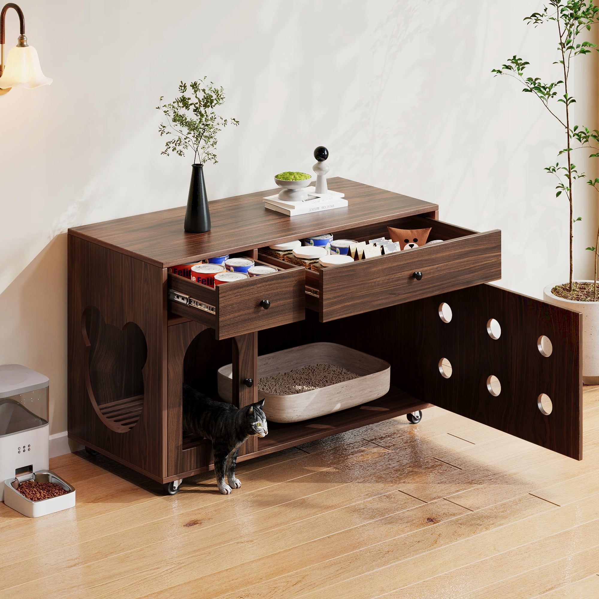 Cat house with litter box cabinet walnut Kind cat house