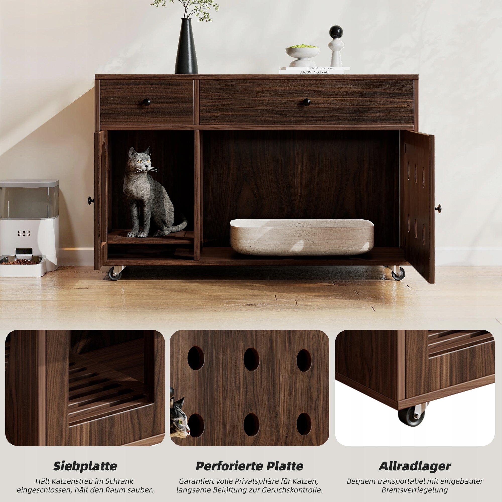 Cat house with litter box cabinet walnut Length 100 cm