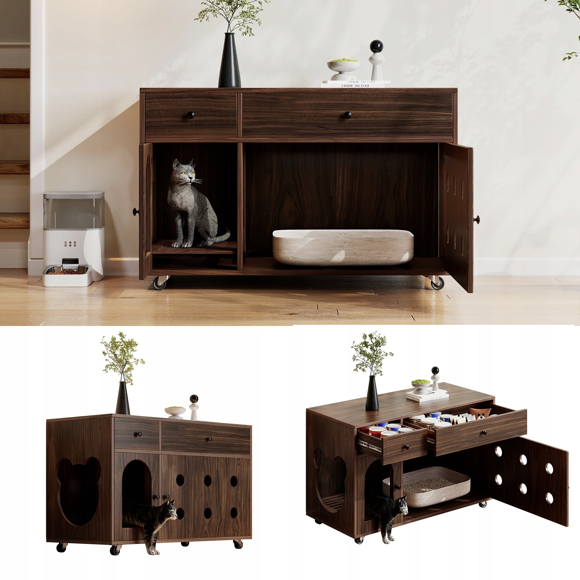 Cat house with litter box cabinet walnut Mounting location freestanding
