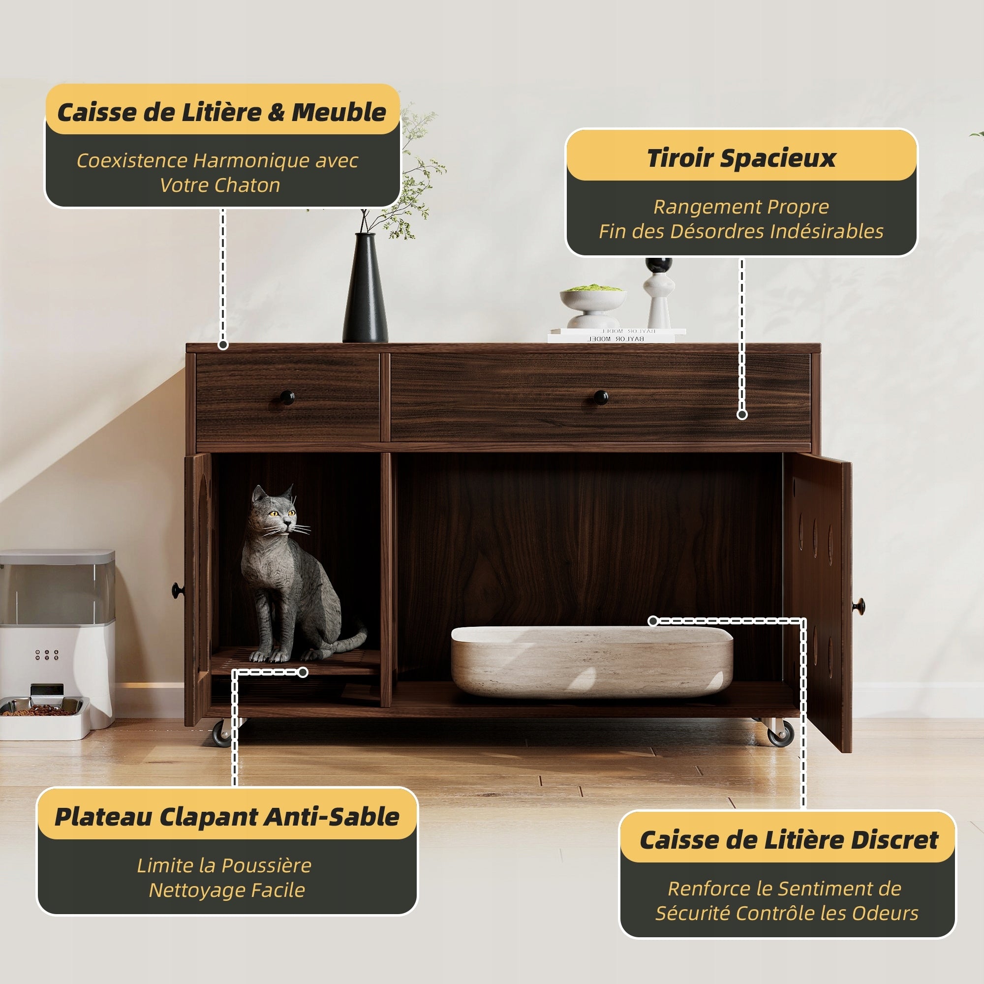 Cat house with litter box cabinet walnut Product width 45 cm