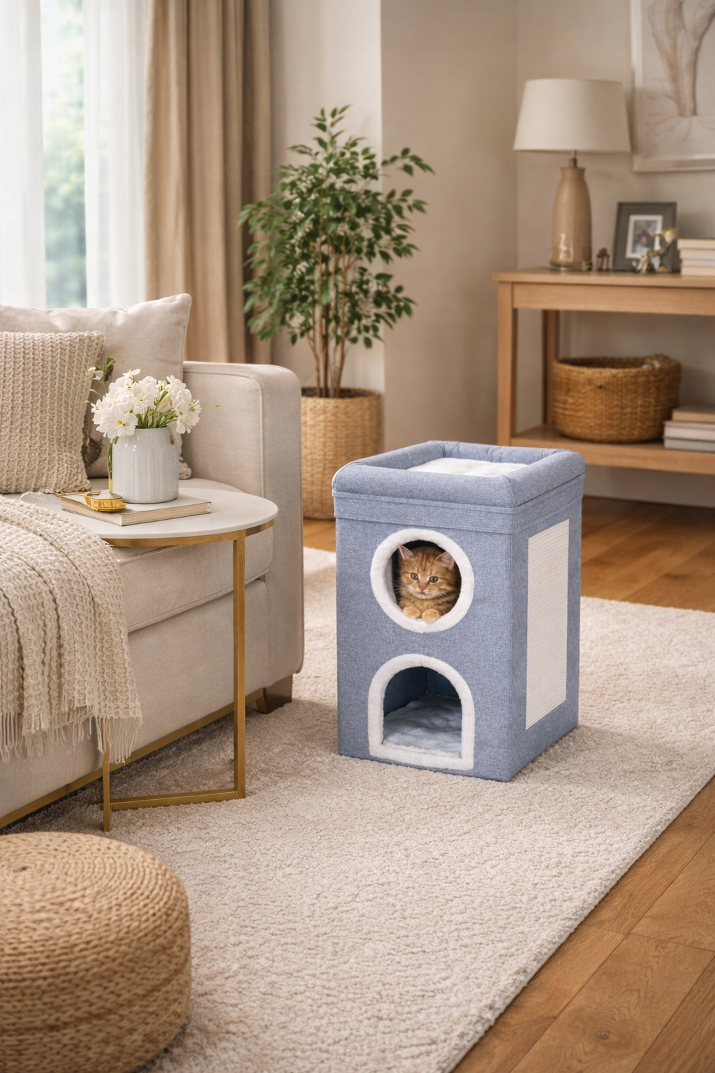 Cat house with scratching post and bed grey tower booth 3 levels 64 cm Length 39 cm