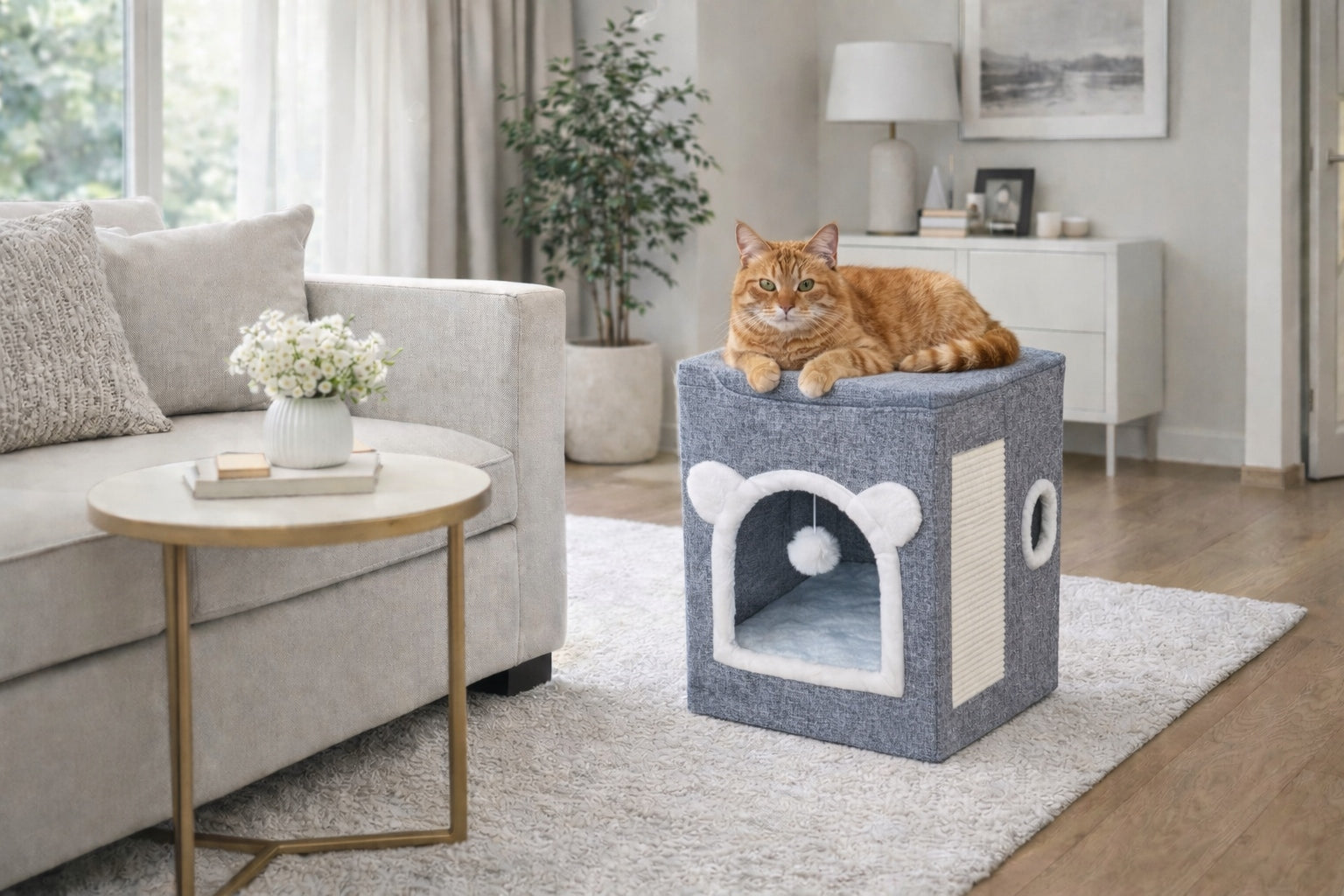 Cat house with scratching post bed two levels tower booth Color gray