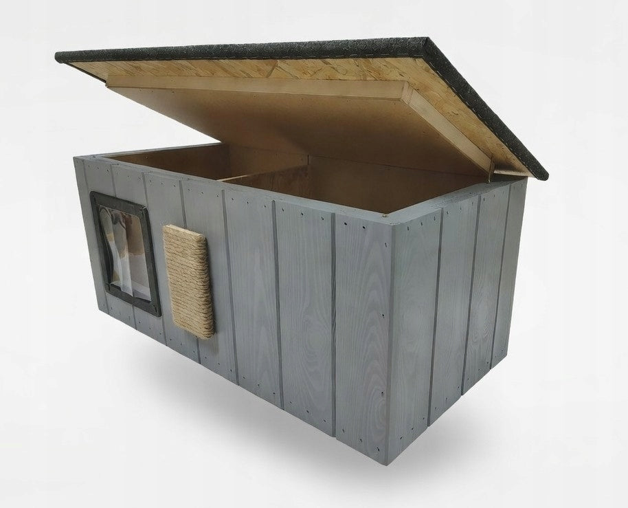 Cat kennel insulated with vestibule solid whole | scratcher + door| Length 85 cm
