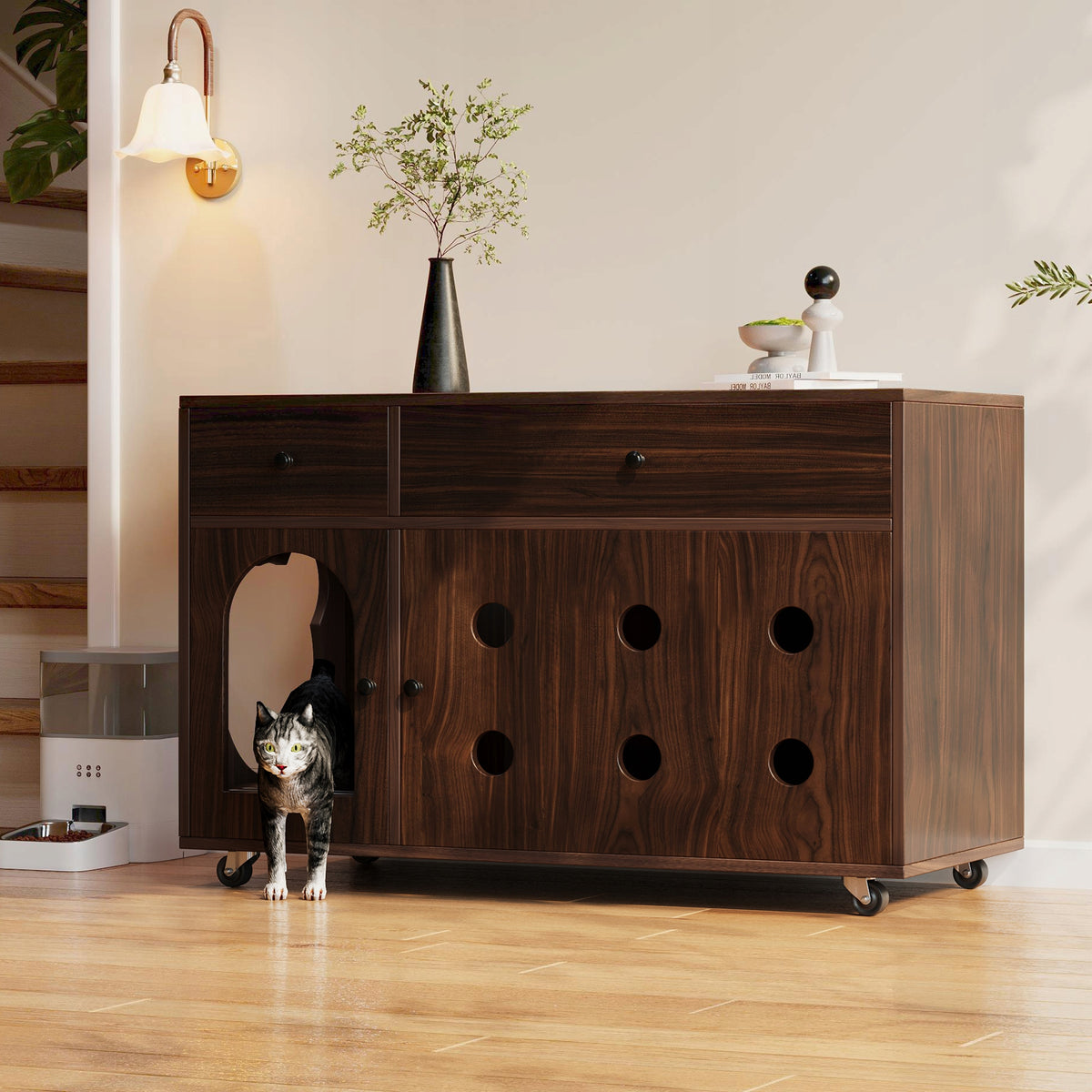Cat litter box 100×45×66 cm, walnut, with removable tray.