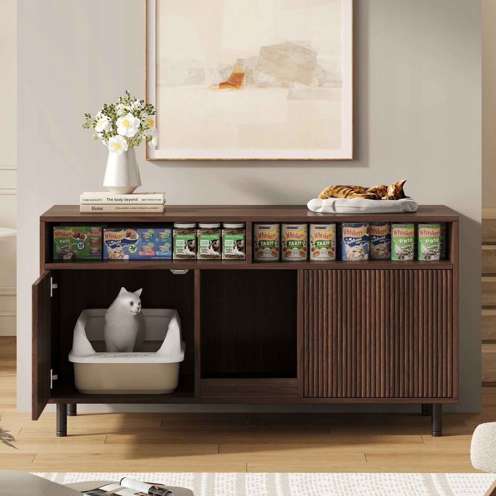 Cat litter box cabinet, 120x50x66cm, walnut color Kind cat house