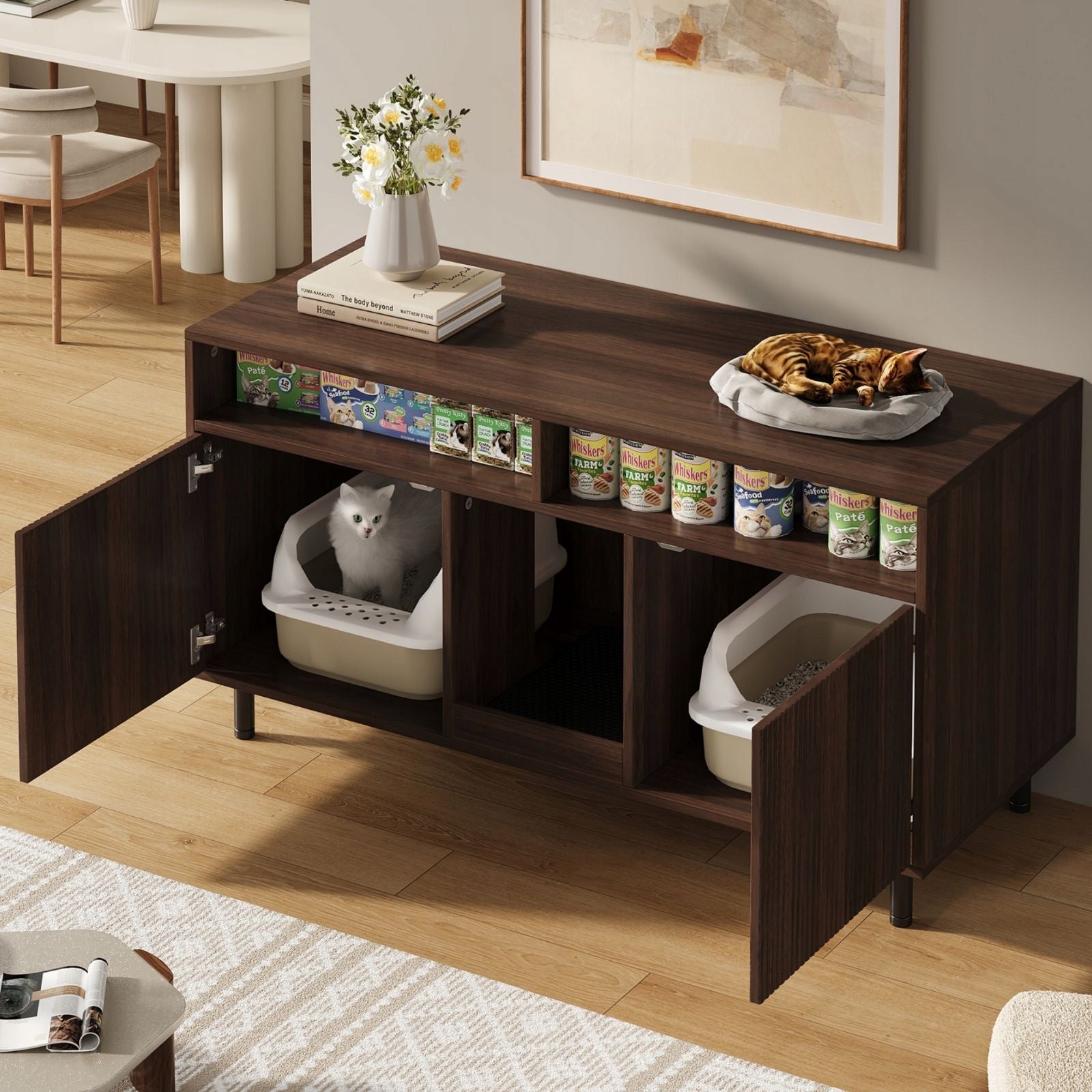 Cat litter box cabinet, 120x50x66cm, walnut color Mounting location freestanding