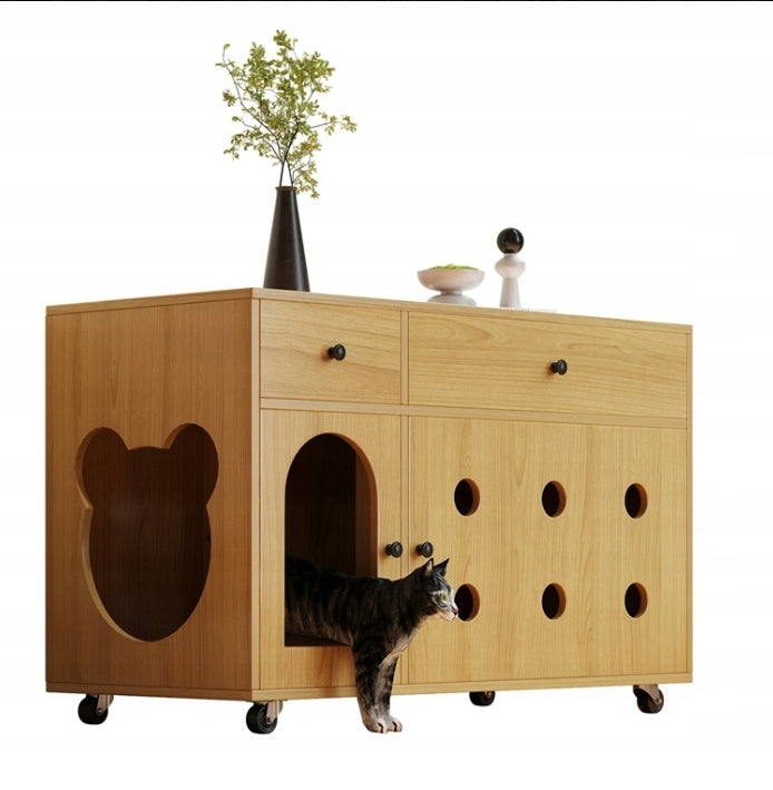 Cat litter box cabinet, yellow maple, with removable tray