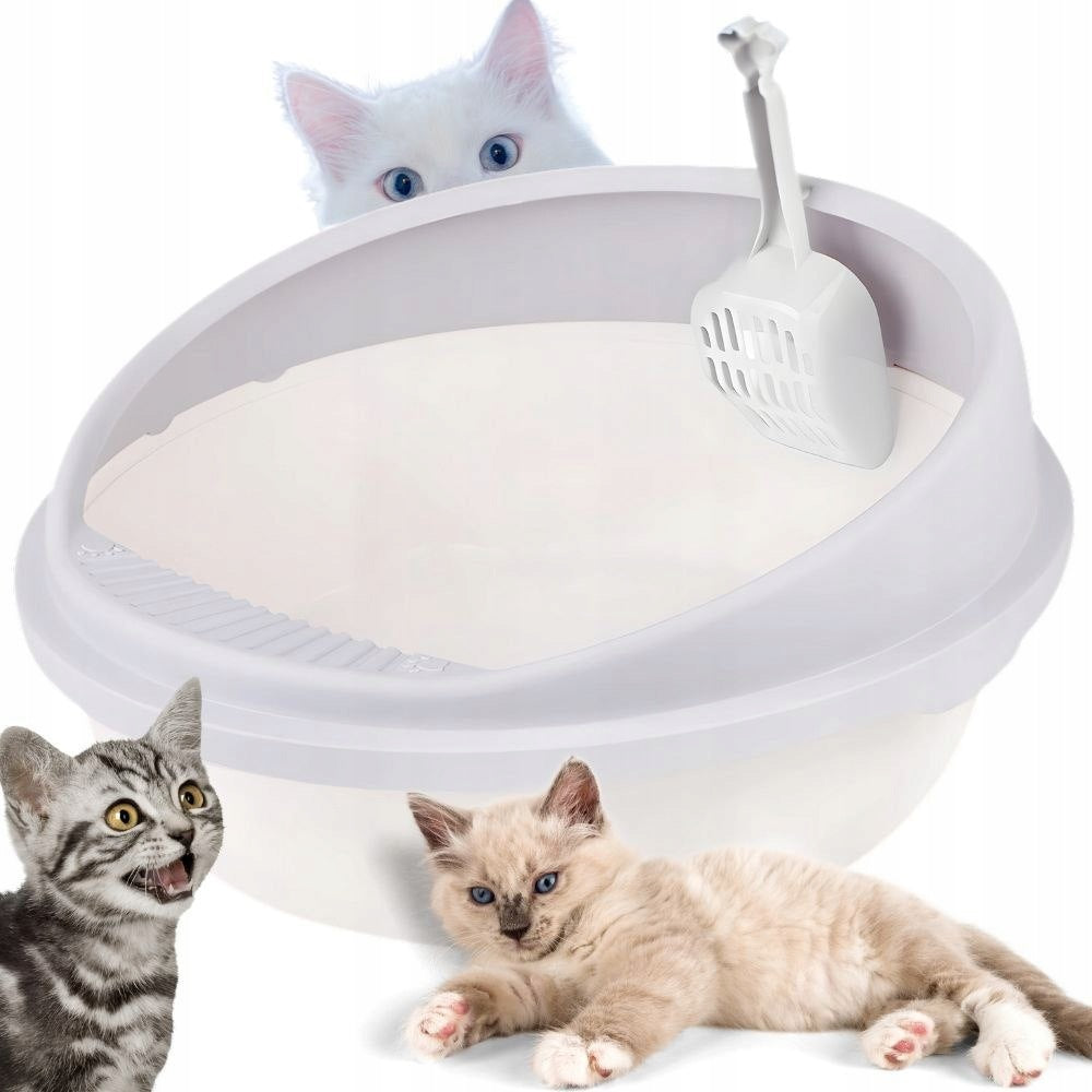 Cat litter box open large solid with a high rim spatula