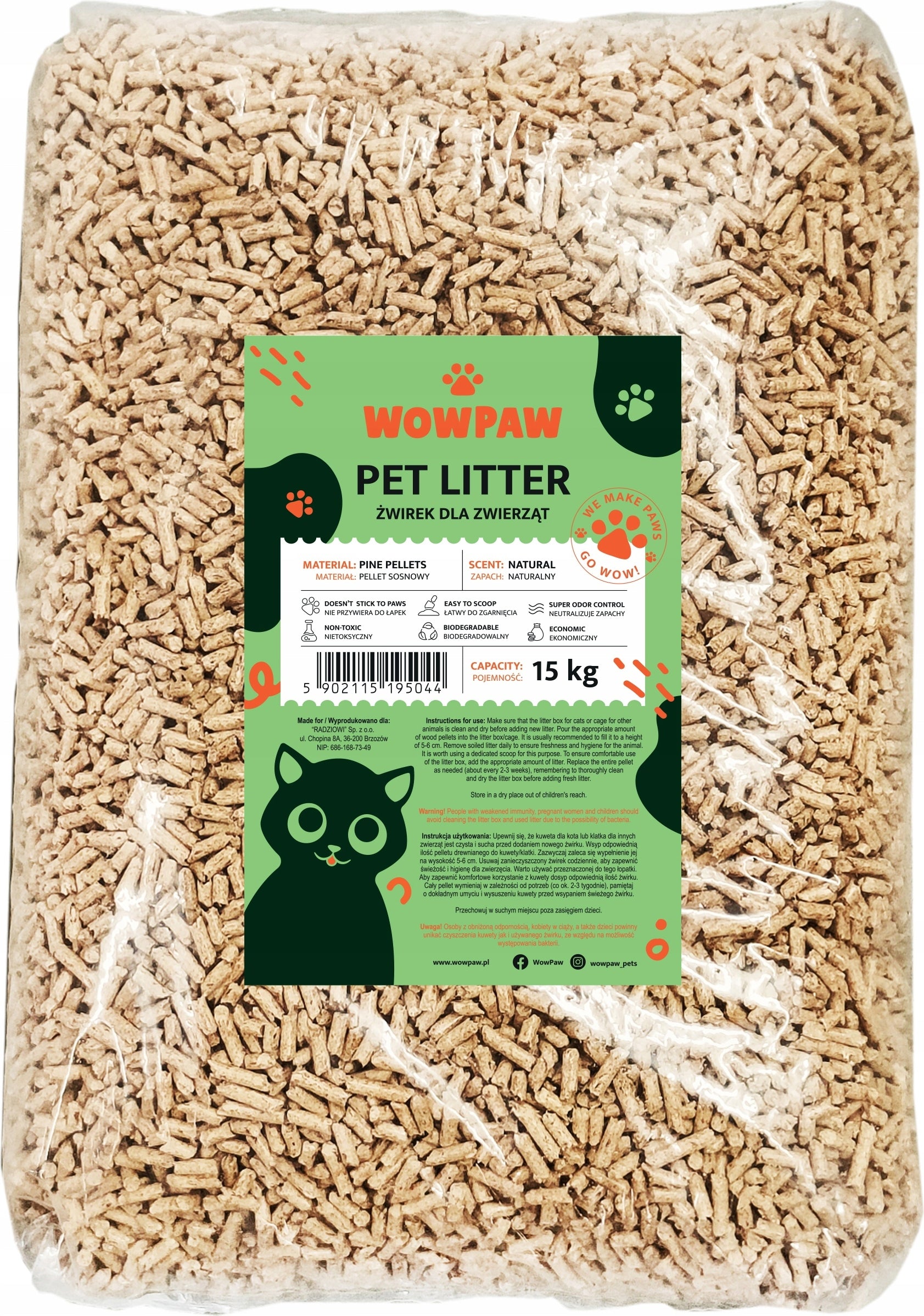 Cat litter rabbit pigs wooden pellets 100% pine 15kg Brand WowPaw