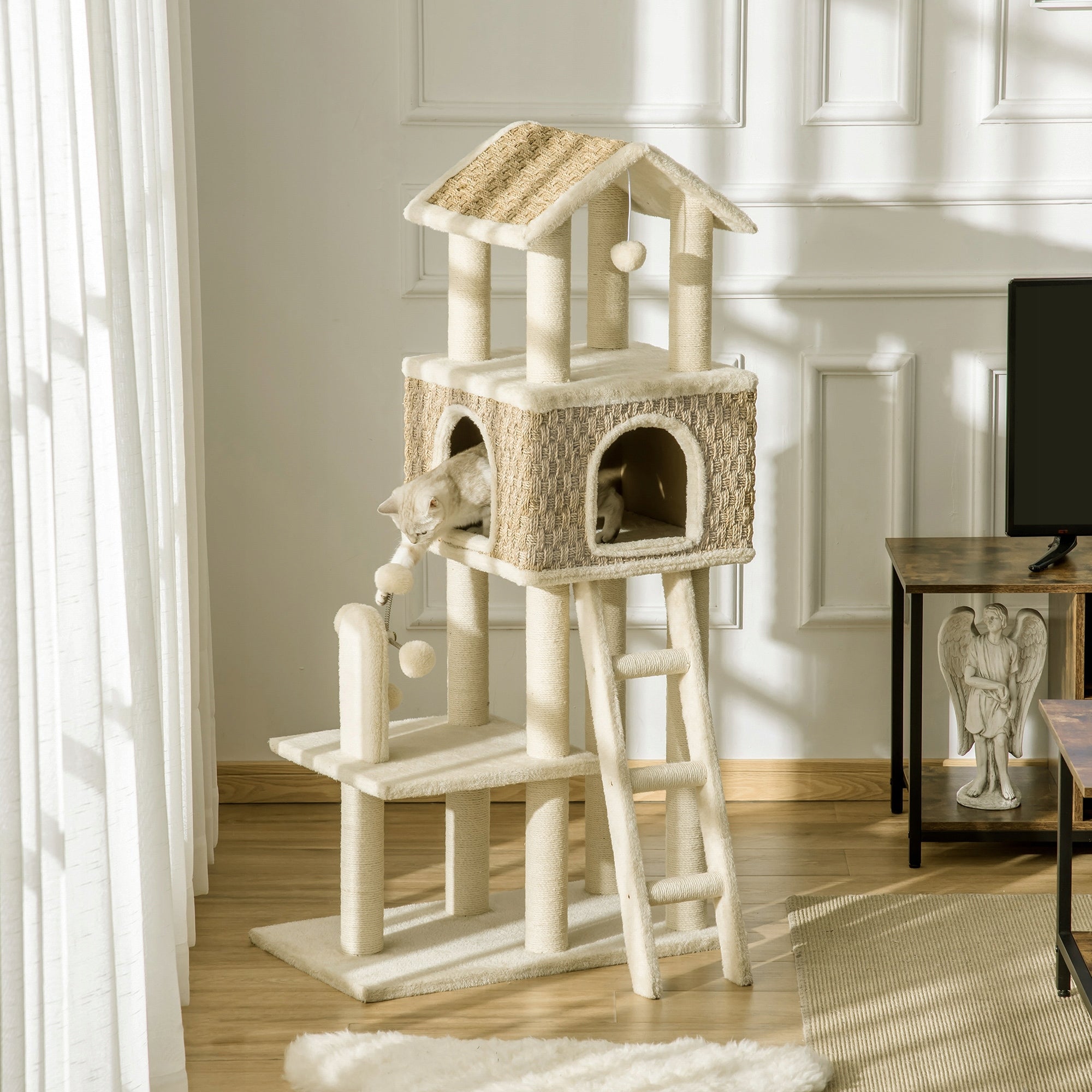 Cat scratcher, Tower with cottage, khaki+beige 130cm Brand PawHut