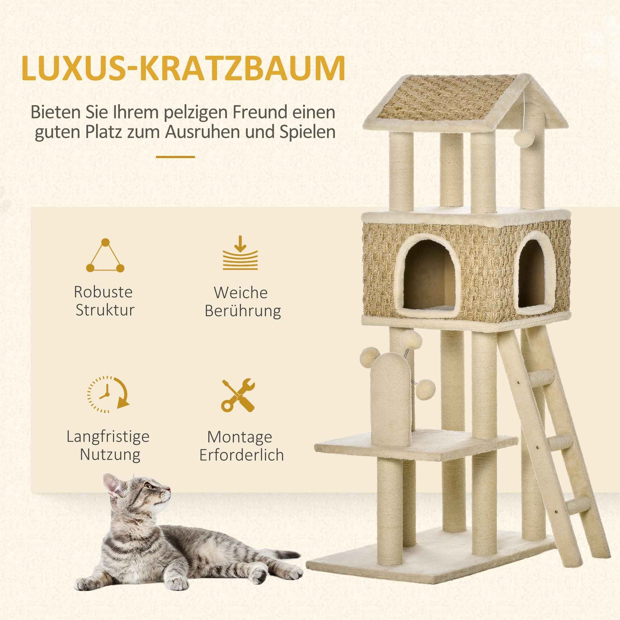 Cat scratcher, Tower with cottage, khaki+beige 130cm Color brown
