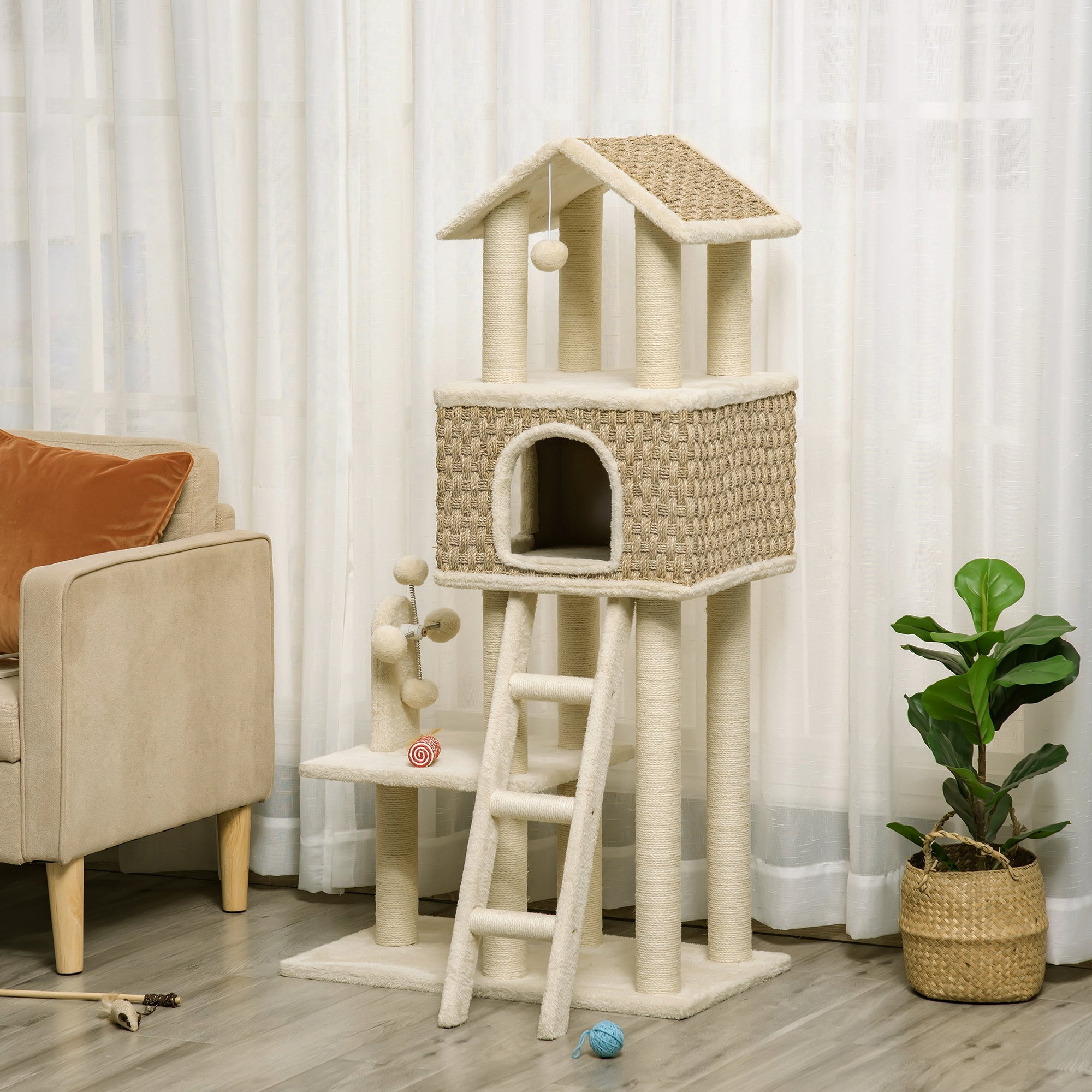 Cat scratcher, Tower with cottage, khaki+beige 130cm Height (cm) 101 - 160 cm