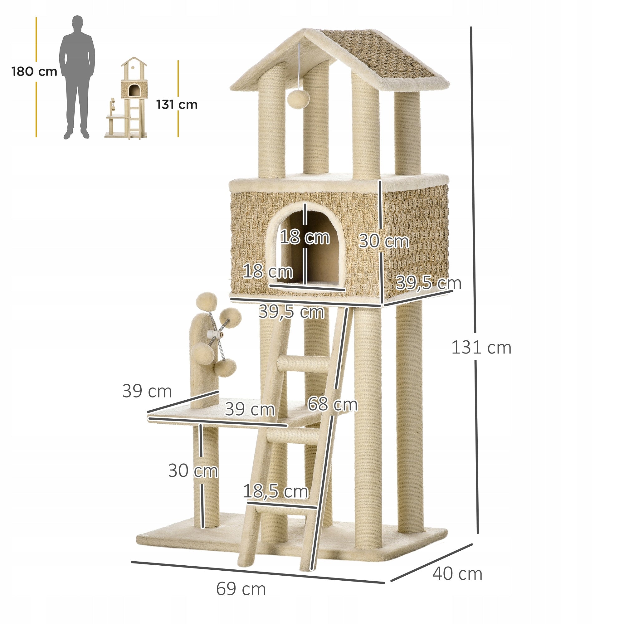 Cat scratcher, Tower with cottage, khaki+beige 130cm Kind floor-to-ceiling cat tree