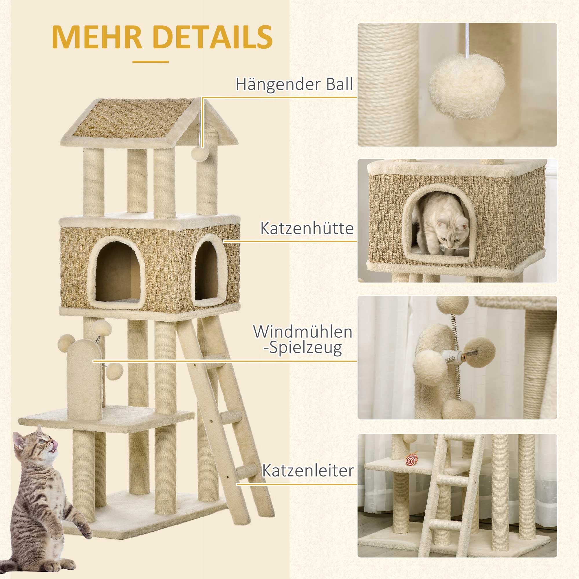 Cat scratcher, Tower with cottage, khaki+beige 130cm Number of levels 3