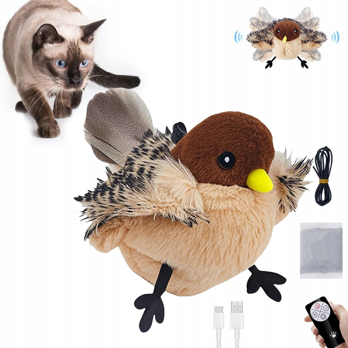 Cat toy interactive plush bird - movement and bird sounds