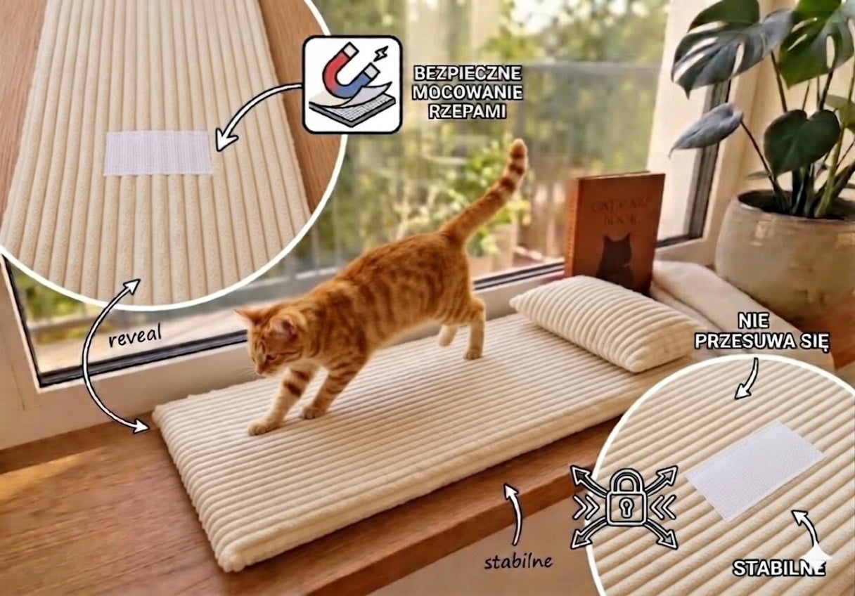 Cat window sill bed 100x25x3 cm THICK+ Cushion Corduroy Velcro BEIGE Manufacturer code LEG-SZT-100x25-BEŻ