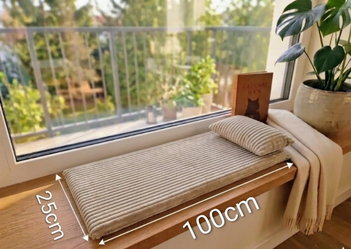 Cat window sill bed 100x25x3 cm THICK+ Cushion Corduroy Velcro BEIGE Packaging status original