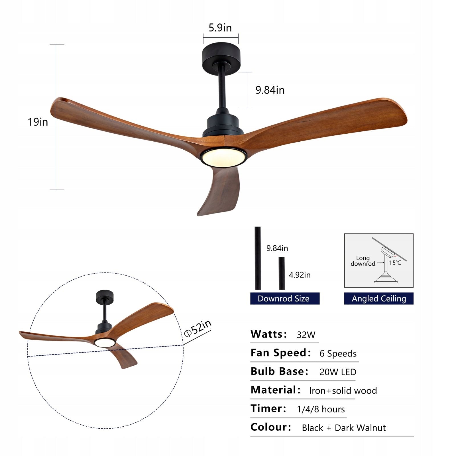 Ceiling Fan 52 Inch Lighting Remote Control Wood Brand no brand