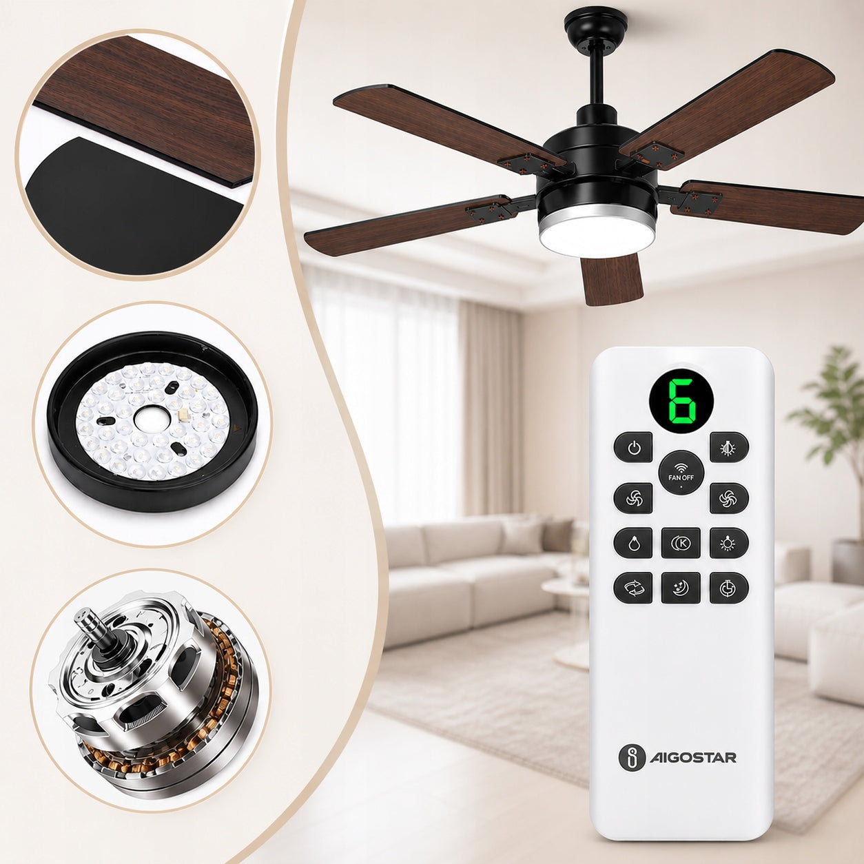 Ceiling Fan Aigostar Retro Quiet 5 Blades With Remote Control for LED 51W 6000K Dominant color black