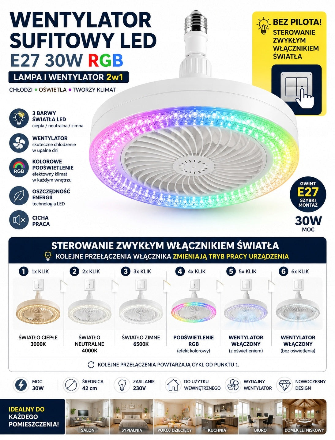 Ceiling Fan LED Windmill E27 30W RGB – 2in1 Lamp Manufacturer code Wentylator sufitowy