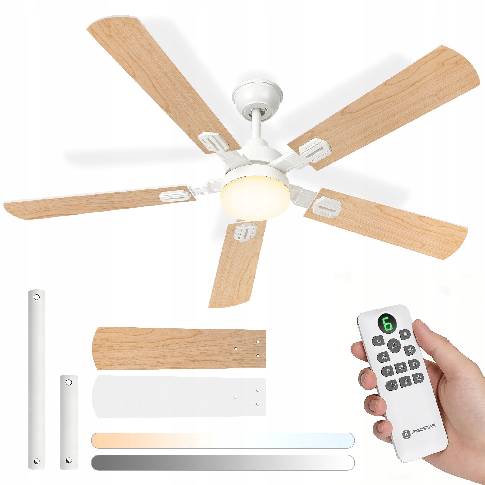 Ceiling Fan With Lamp 132cm DC Quiet LED Remote Control 6 Gears Wood Effect