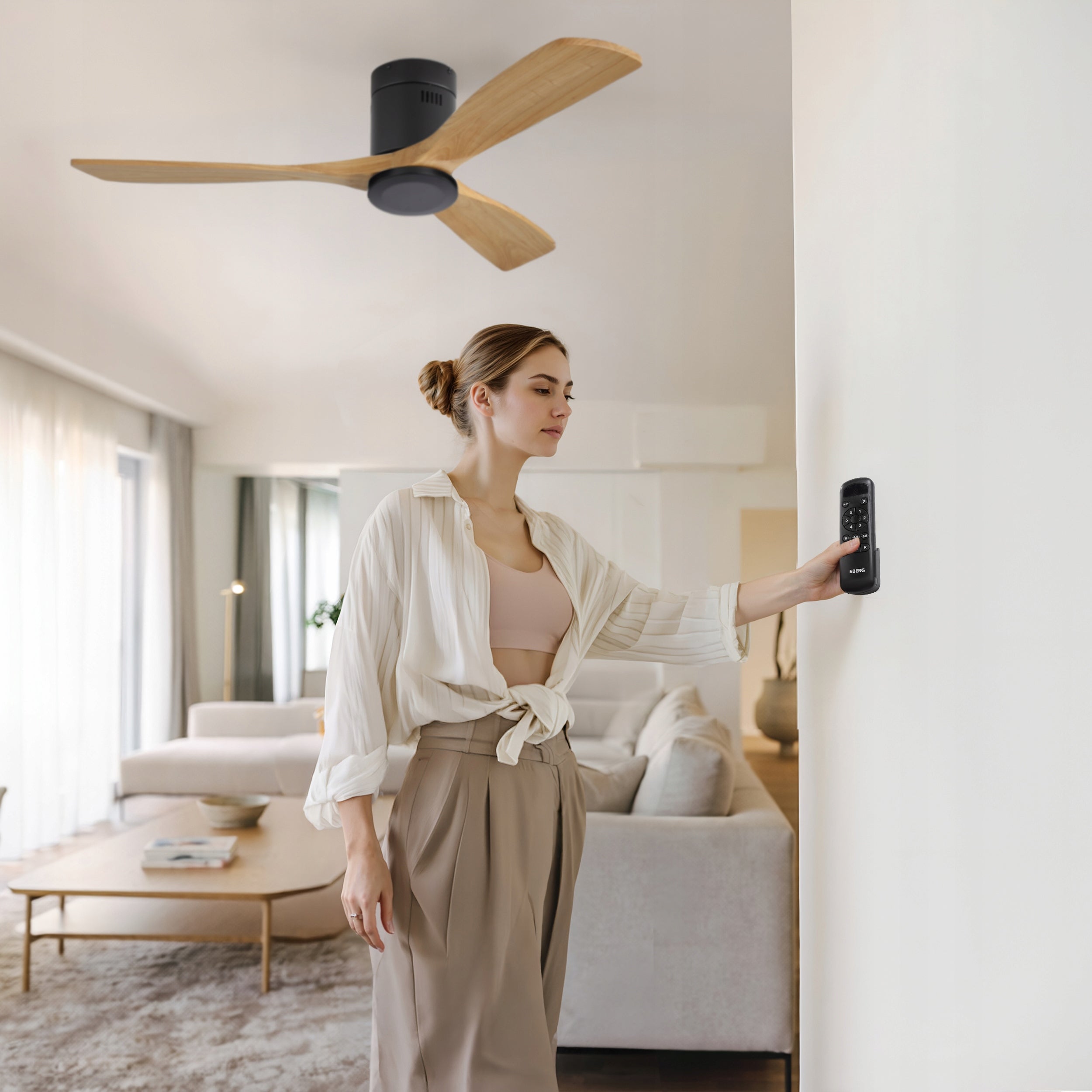 Ceiling fan EBERG DRIX 133cm WOODEN blades quiet fan + remote control Functions timer