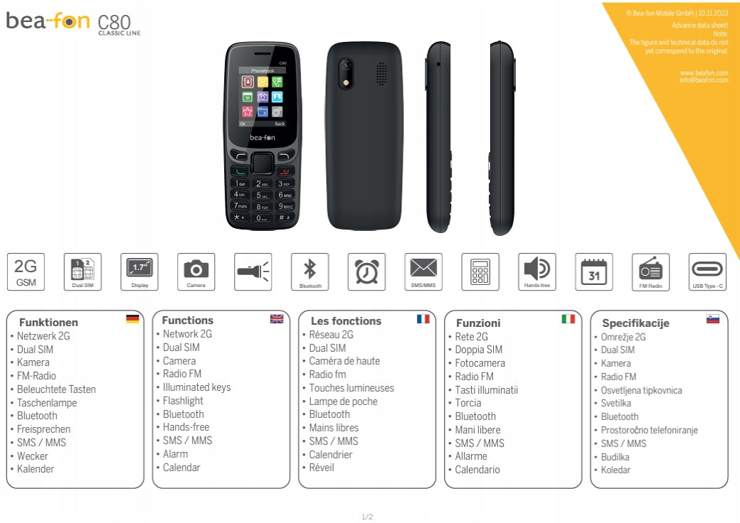 Cell Phone Beafon C80 dual SIM, Bluetooth, 800 mAh, black Manufacturer code C80