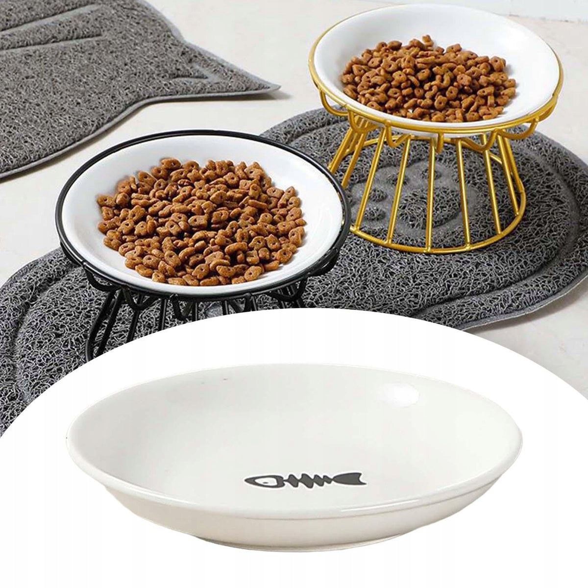 Ceramic Elevated Cat Bowls with Iron Stand Detachable Pet Fish Print Plate