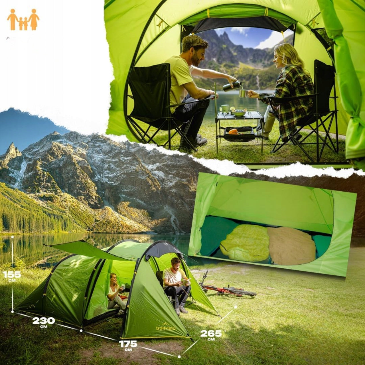 Cevedale 4-Person Hiking Camping Tent with Vestibule Green Kind family