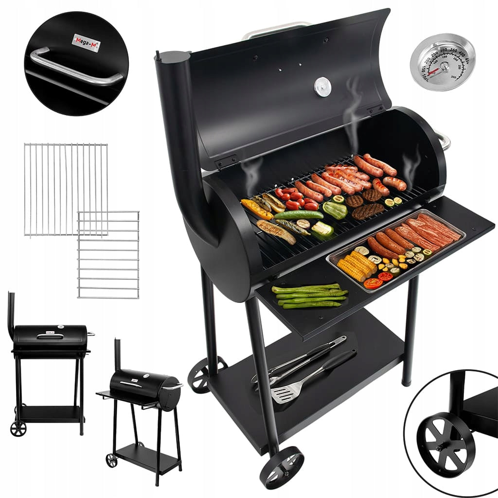 Charcoal Garden Grill Large Barrel Chimney Cover Thermometer Metal Shelves