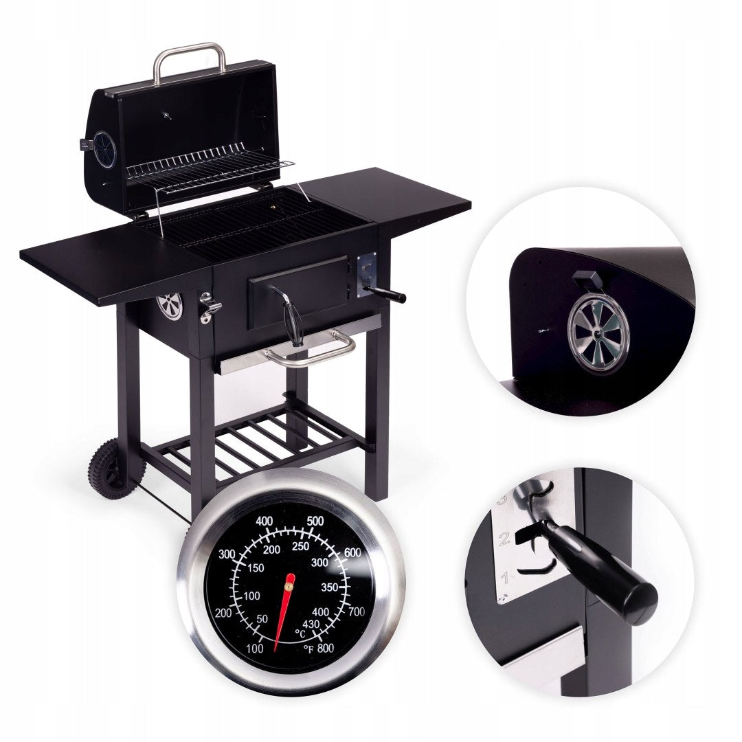 Charcoal Garden Grill Large Cover Adjustable Grating Thermometer Side Shelves Grill height 95 cm