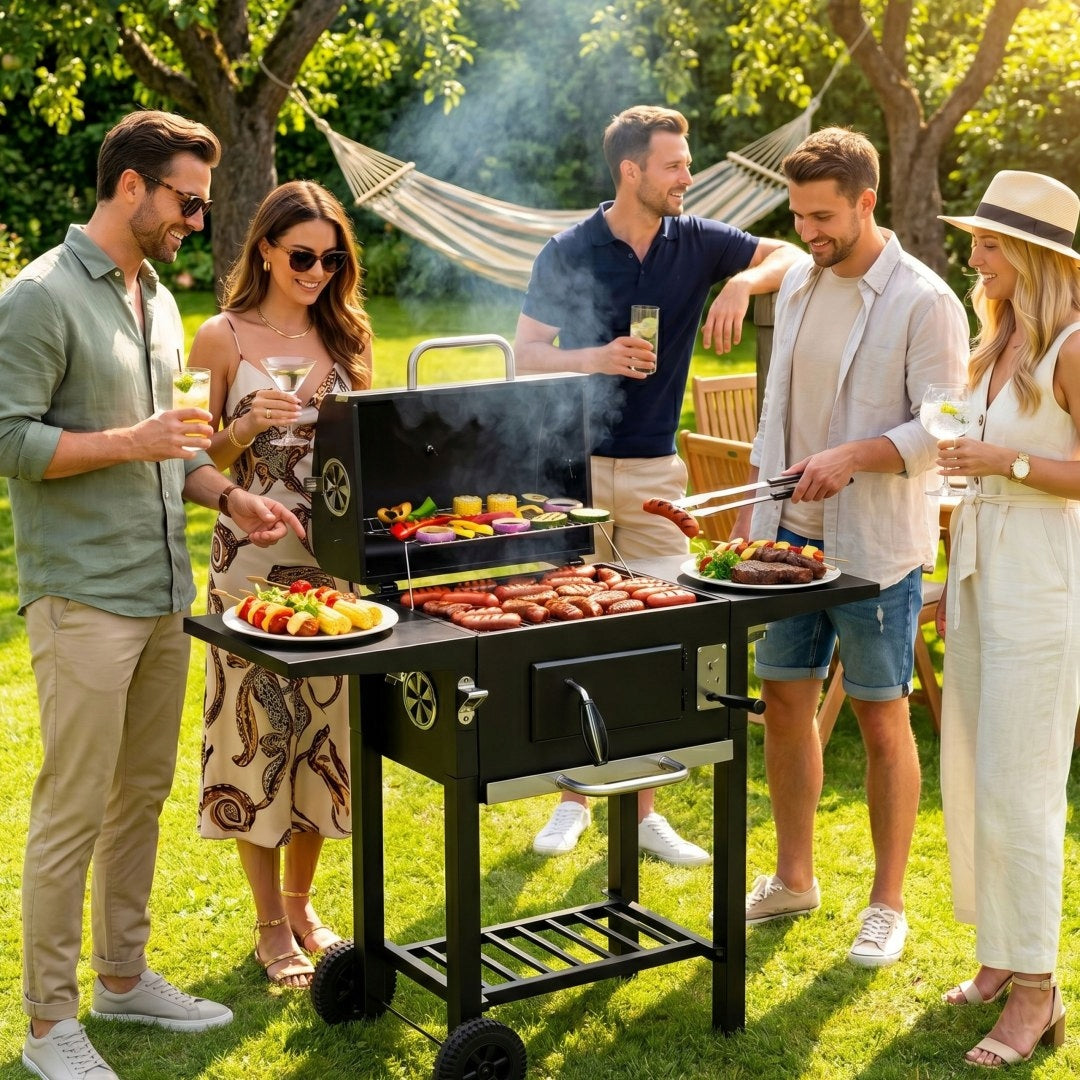 Charcoal Garden Grill Large Cover Adjustable Grating Thermometer Side Shelves Packaging status original