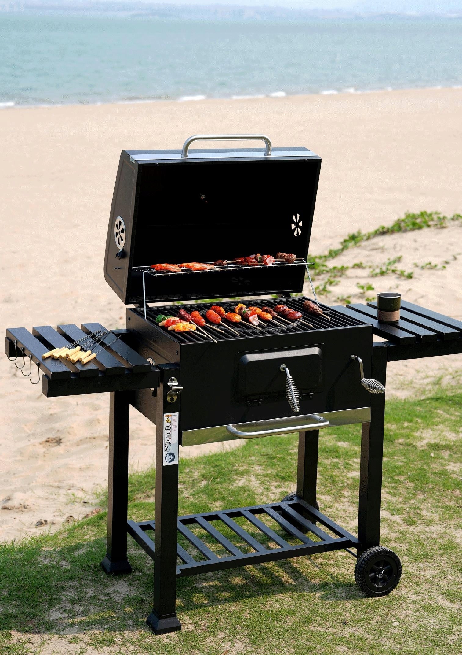 Charcoal Grill Garden Cast Iron Grate Large Cover Ashtray Thermometer 136CM Grill depth 45.5 cm