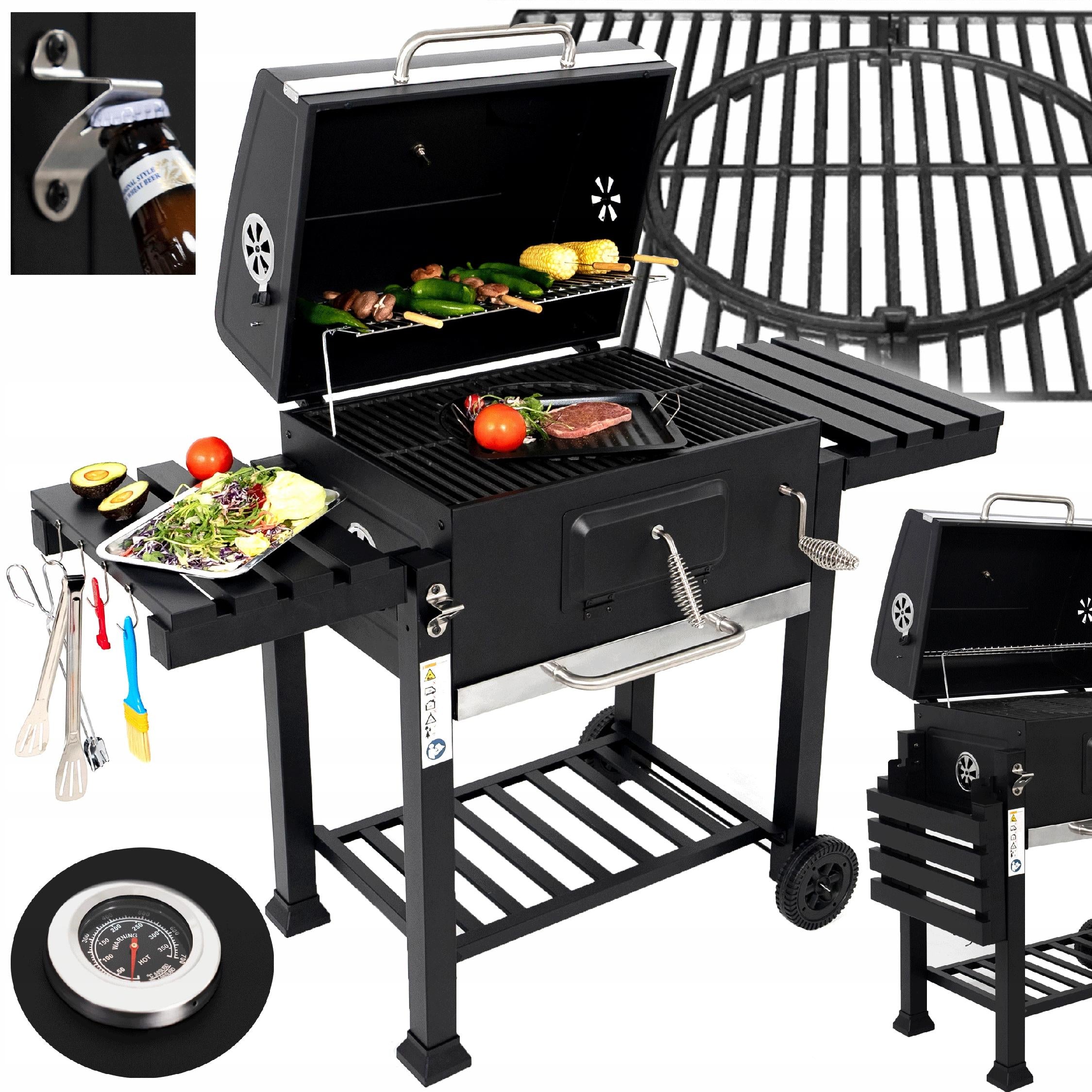 Charcoal Grill Garden Cast Iron Grate Large Cover Ashtray Thermometer 136CM