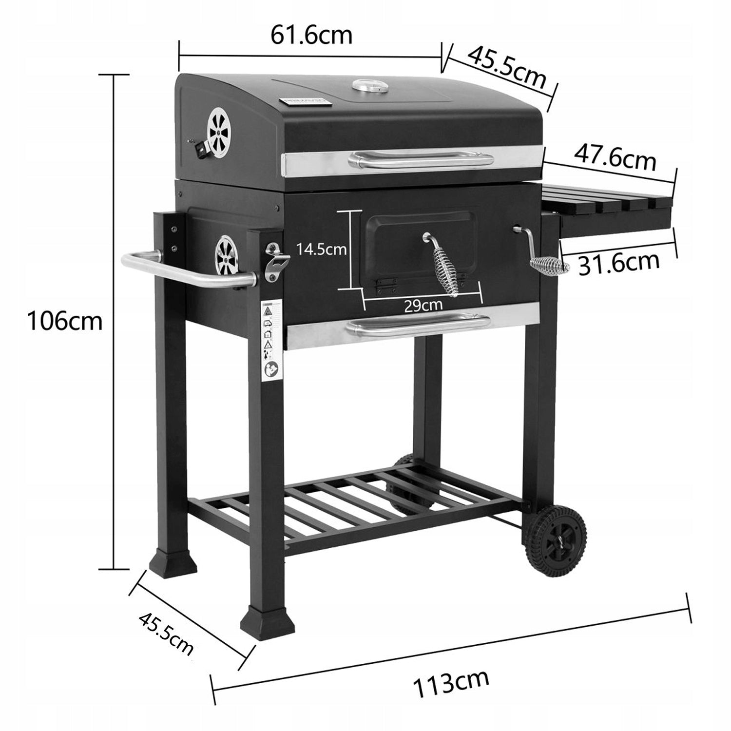 Charcoal Grill Garden Cast Iron Grate Large Cover Ashtray Thermometer 28KG Grate length 57 cm
