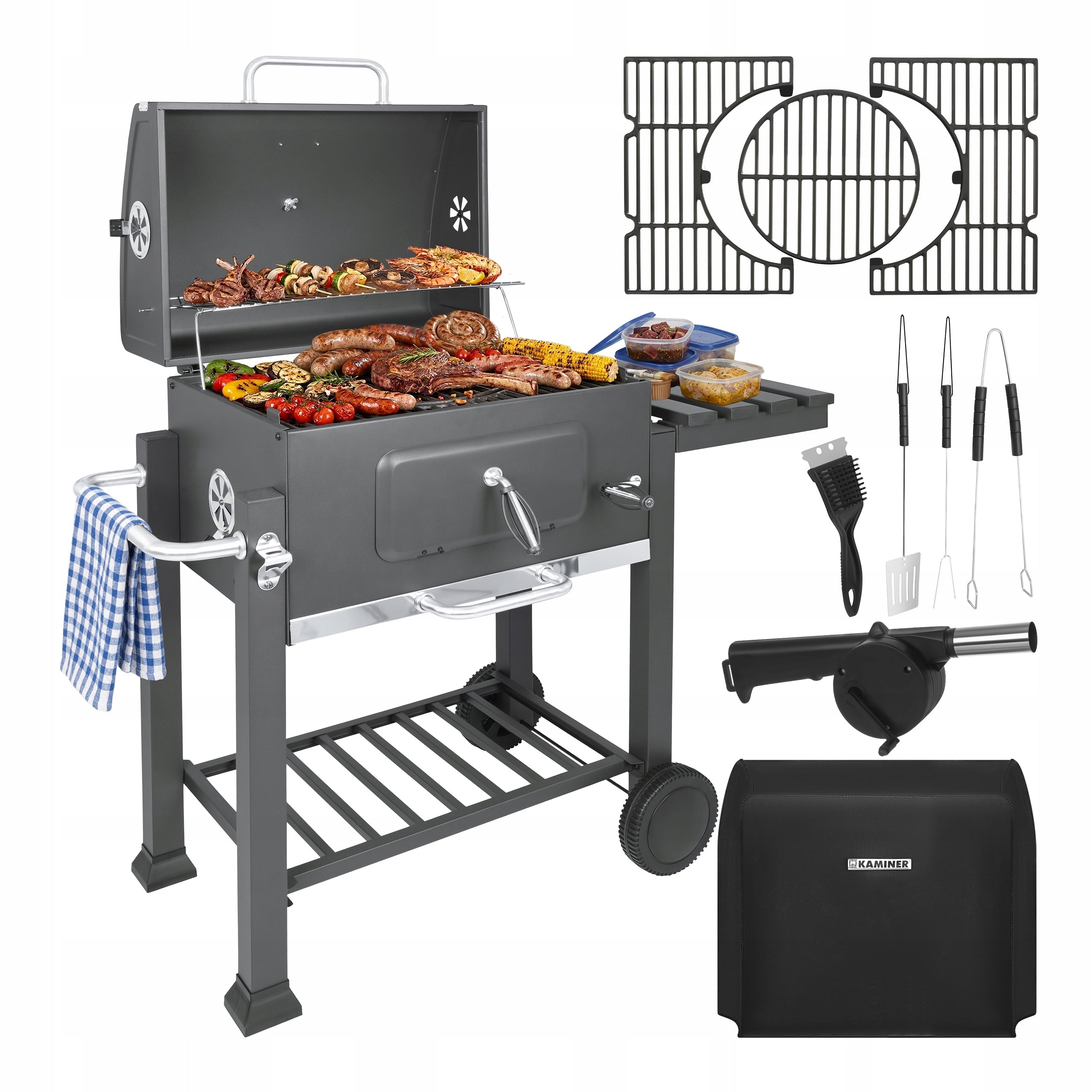 Charcoal Grill Garden Cast Iron Grate with Lid Ashtray + Accessories FREEBIE