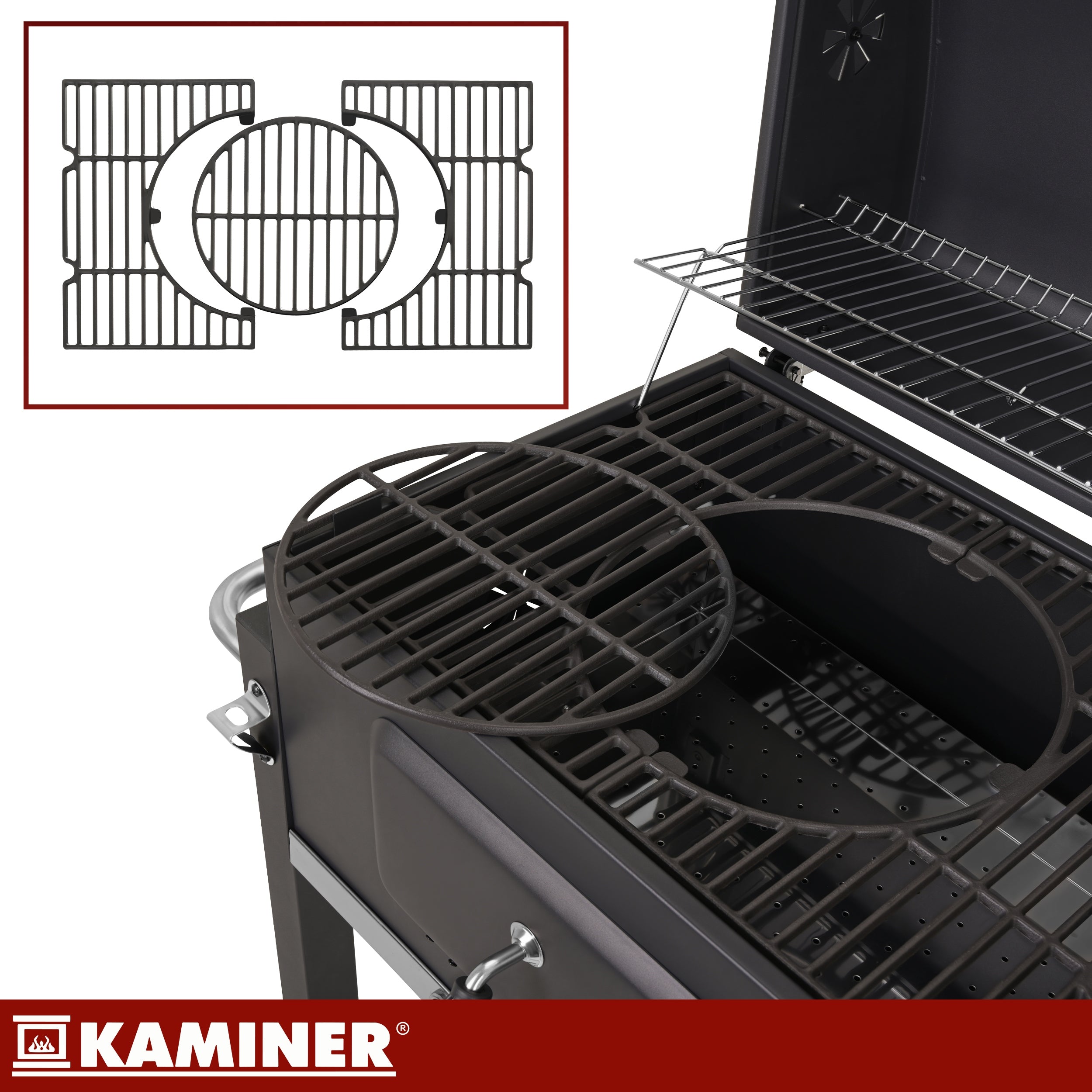 Charcoal Grill Garden Cast Iron Grate with Lid Ashtray + Thermometer Grill width 116 cm