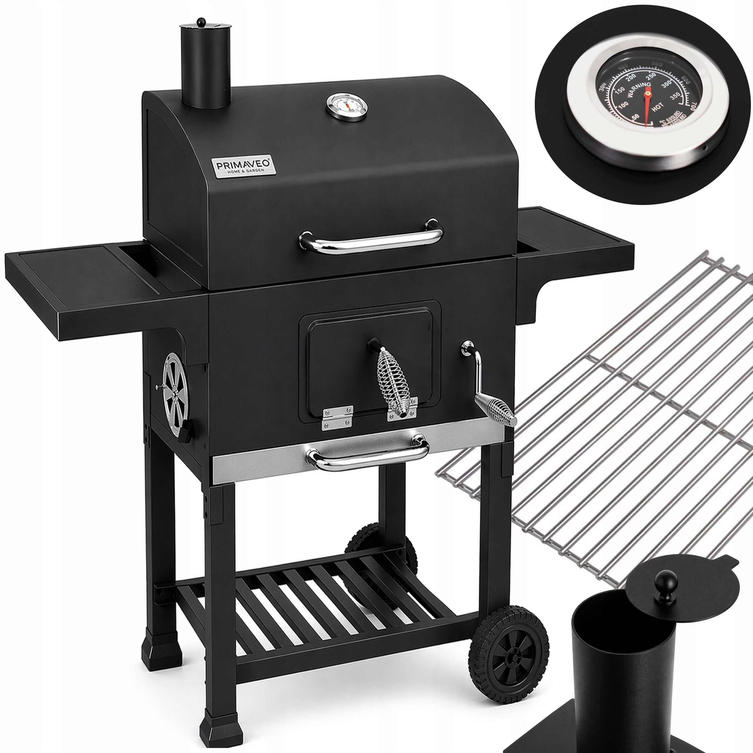 Charcoal Grill Garden Cast Iron Grating Large with Chimney Ashtray Thermometer