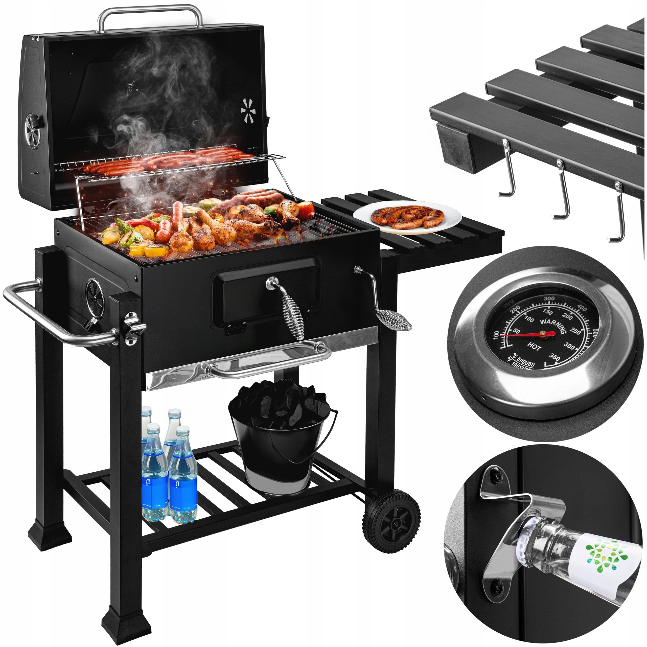 Charcoal Grill Garden Cover Ashtray Thermometer Adjustable Fire Pit Grill
