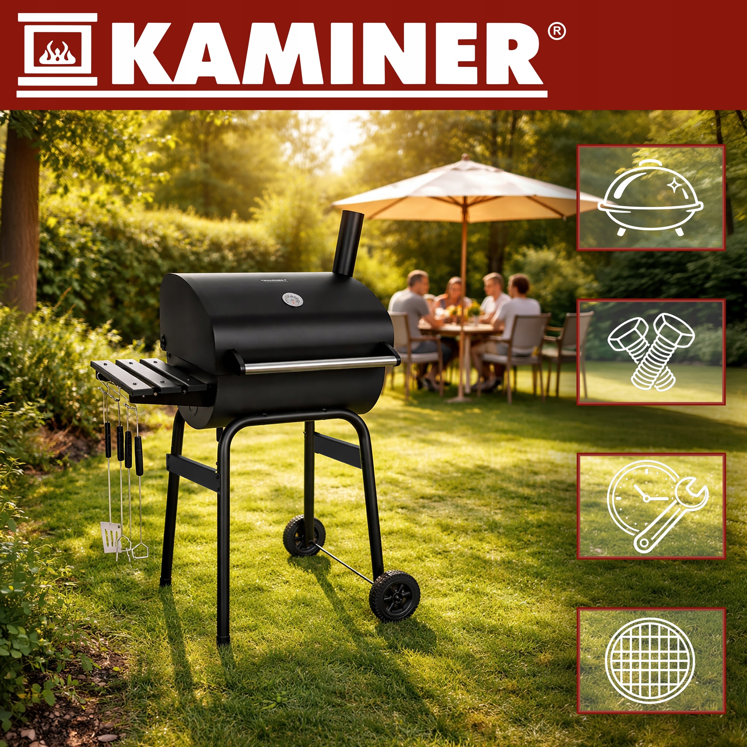 Charcoal Grill with Garden Cover Portable Large Grating Thermometer + Accessories Grill depth 51 cm