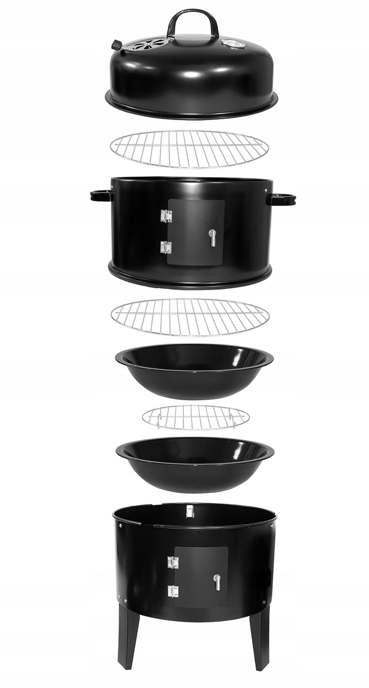 Charcoal Grill with Smokehouse Tube 2 Grates Thermometer Portable Garden Steel Grill depth 41 cm