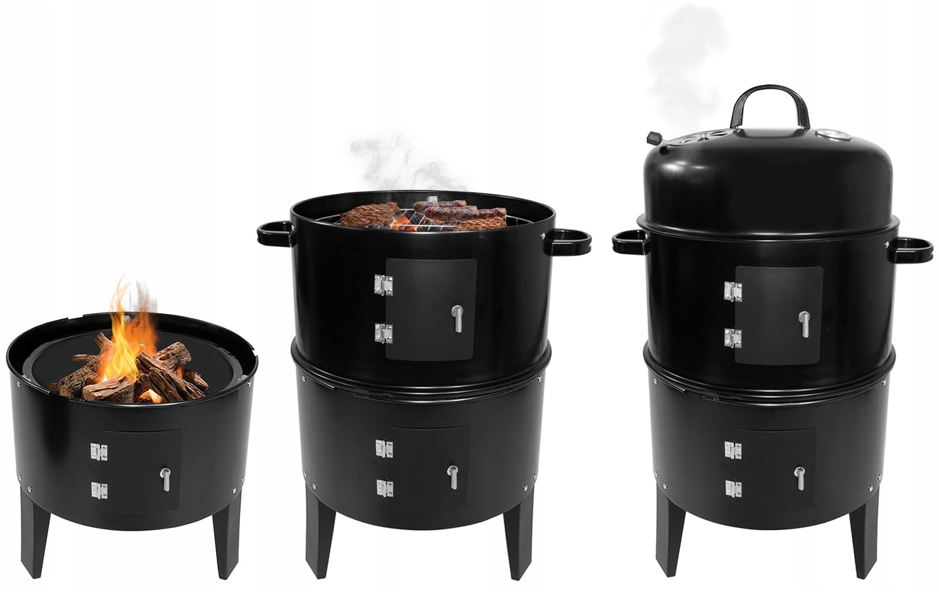 Charcoal Grill with Smokehouse Tube 2 Grates Thermometer Portable Garden Steel Packaging status original