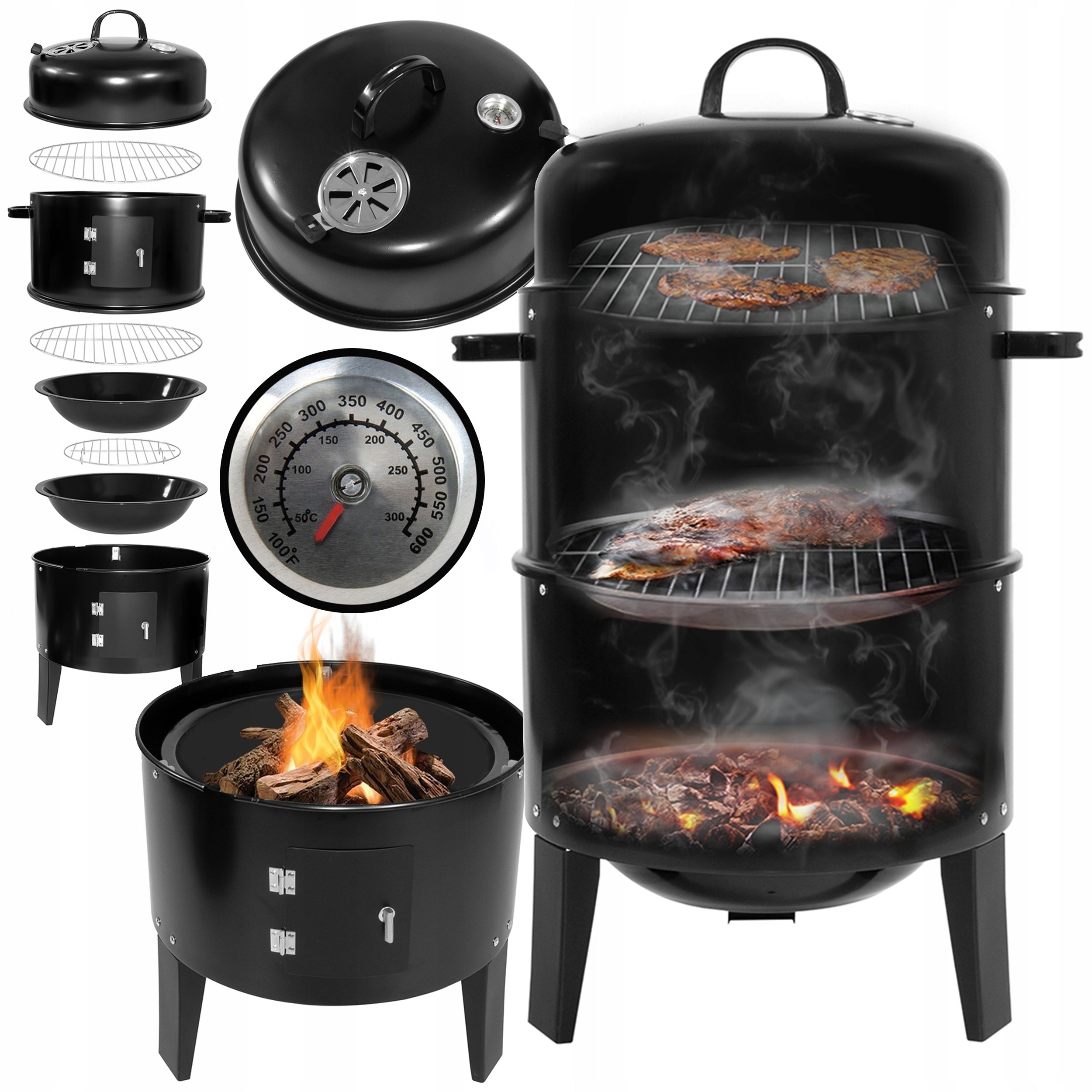 Charcoal Grill with Smokehouse Tube 2 Grates Thermometer Portable Garden Steel