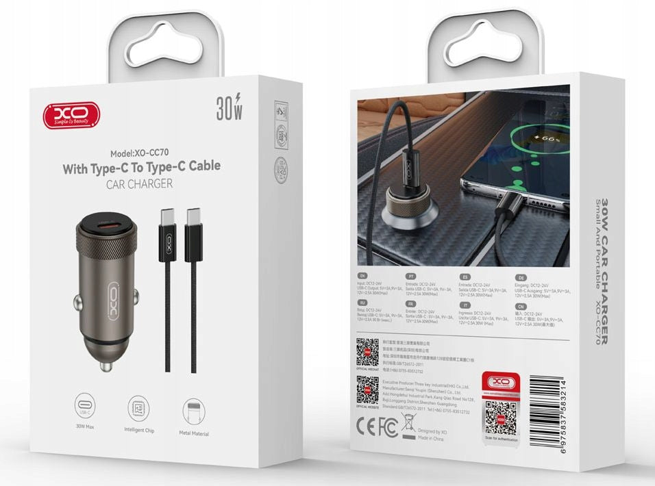 Charger XO-CC70 Car USB - C Fast Charging PD 30W for Car Manufacturer code CC70