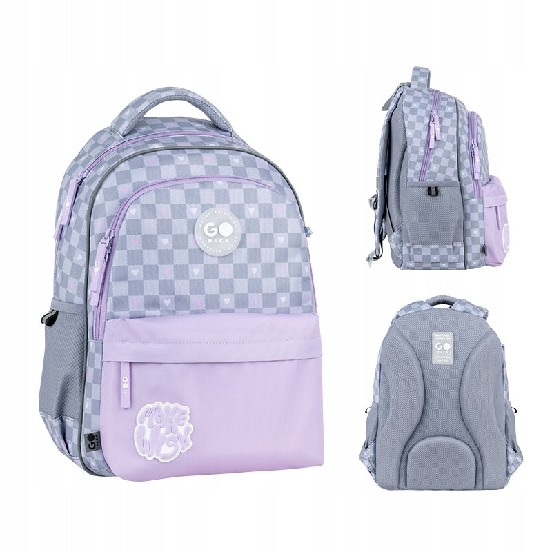 Checkered school backpack for girls 9-12 years multi-chamber GoPack