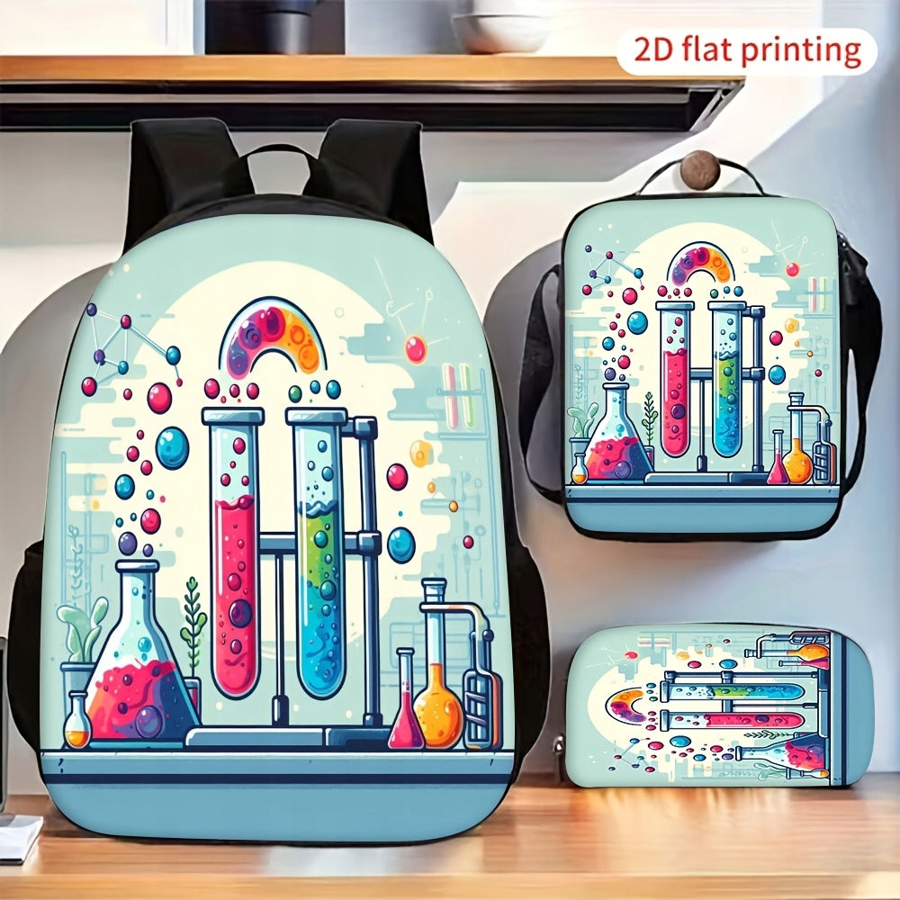 Chemical Laboratory Experiment Test Tube 3-Piece Backpack Set with Lunch Bag and Pencil Case