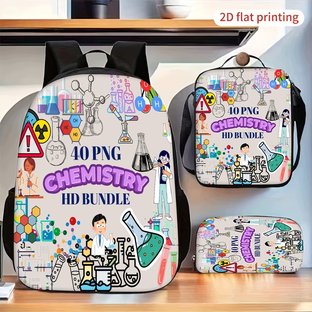 Chemistry Pattern 3-Piece Backpack Set with Lunch Bag and Pencil Case